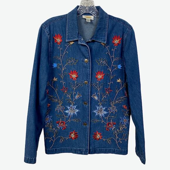 TALBOTS Sz 8 Embroidered Denim Shirt Jacket Boho Floral Jean Metal Buttons - Picture 1 of 9